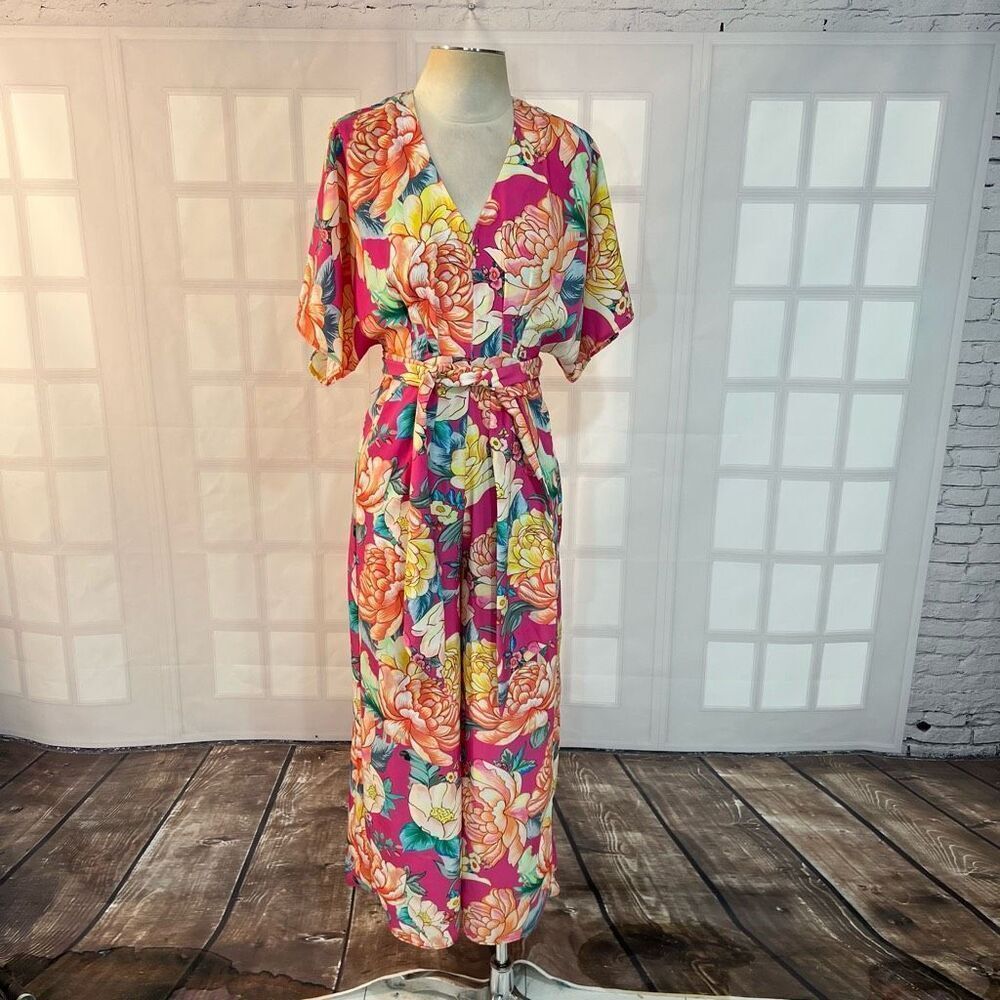 Farm Rio Anthropologie Eulalie pink floral Wide-Leg Jumpsuit size XS - Picture 3 of 13
